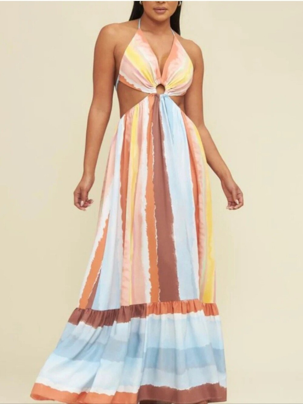 Striped Cutout Halter Maxi Dress in Yellow, Blue Sunset Colors Size Large (New)